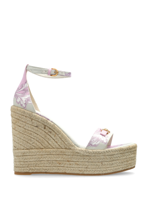 【送料&関税込】Versace Wedge Shoes VERSACE Embellished printed leather espadrille wedge sandals